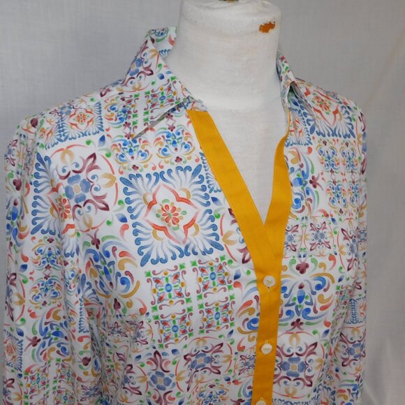 Foxcroft Womens 6 Alexis Watercolor Mosaic  Multicolor No Iron Button  Shirt - Picture 7 of 13